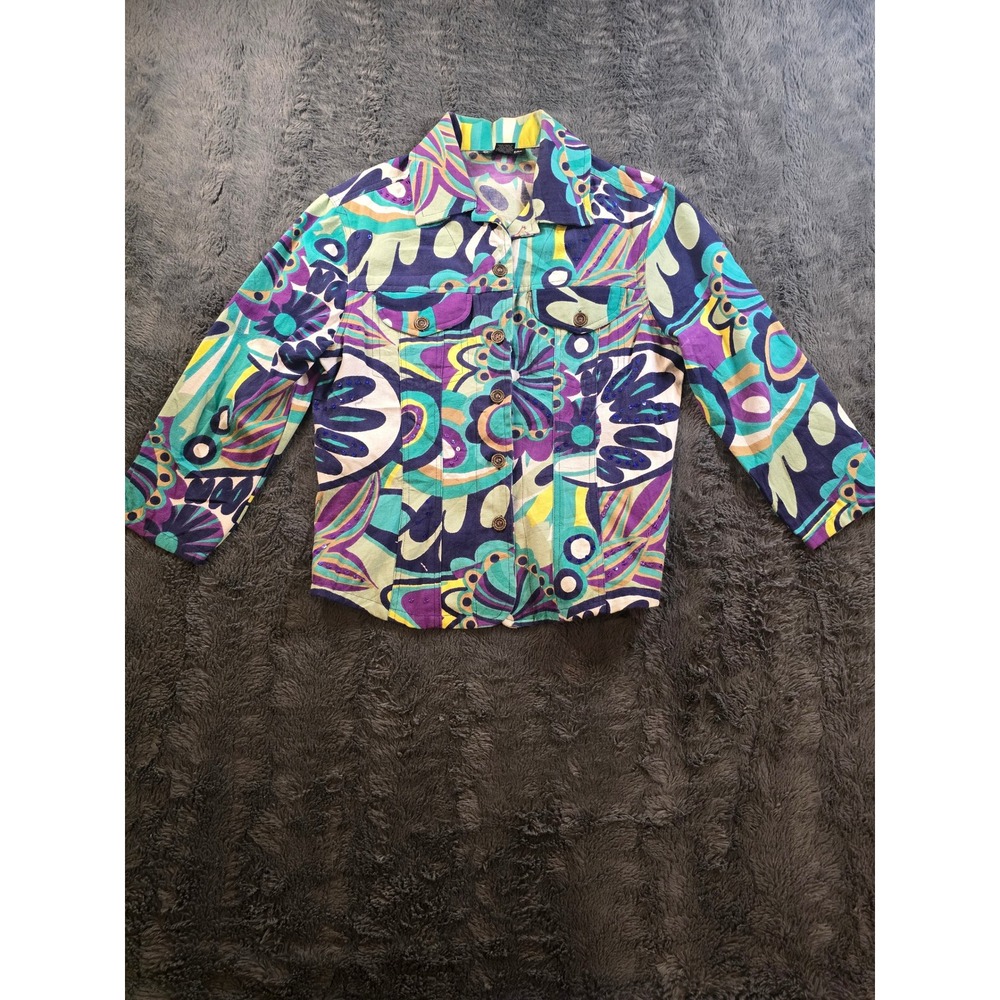 Gaudy Couture Womens‎ Small Psychedelic Floral Sequin Cotton Jacket Purple Teal